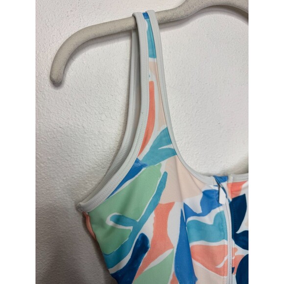 Old Navy Medium Half Zip Floral Swim Suit Blue One Piece High Leg Scoop Back - Picture 5 of 13